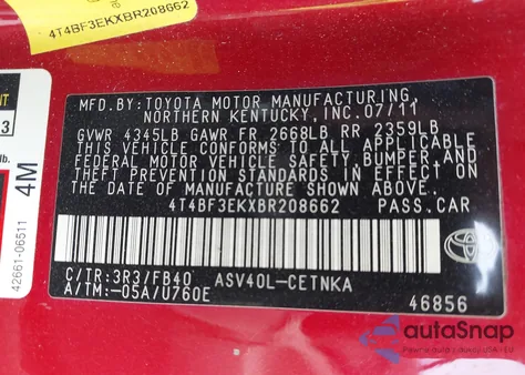 2011 Toyota Camry Le from USA, damaged, VIN 4T4BF3EKXBR208662